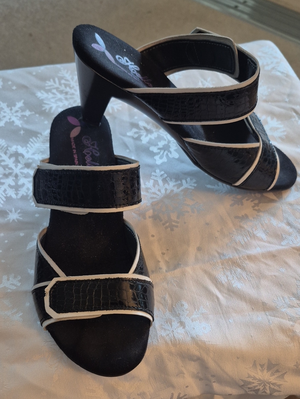 Black Croc-Embossed Strappy Heels with White Trim